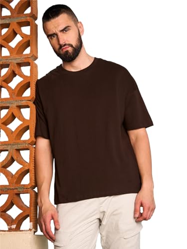 Image of LEOTUDE Half Sleeve Oversized Tshirt for Men, Round Neck Cottonblend Drop Shoulder Solid T-Shirt (Color Multicolor)
