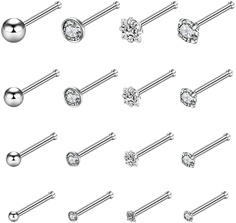 20g Nose Ring Surgical Steel 16pcs 20g Stainless Steel Nose Ring Stud for Women Straight Bar Nose Stud 1.5mm 2mm 2.5mm 3mm CZ Body Piercing for Women Men