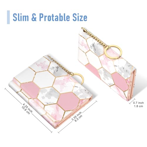 Image of Rouidr Womens Wallet, Small Slim RFID Card Wallets for Women, Cute Front Pocket Trifold Leather Card Organizer with 7 Slots & ID Window, Pink Hexagon