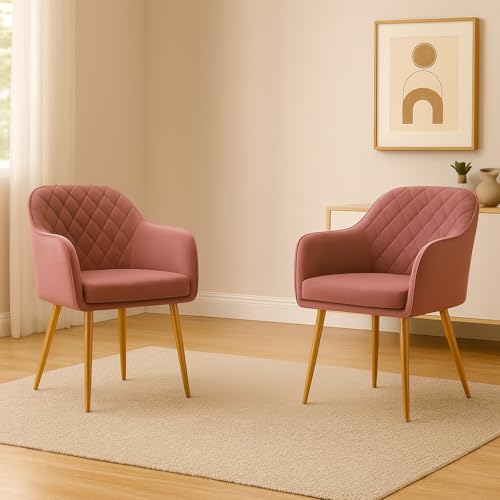Image of Barfi Velvet Dining Chair | Set of 2 Premium Modern Upholstered Accent Chair with Armrest, Padded Seat and Metal Legs | Comfy Chair for Home, Office & Restaurents | (Onion Pink)