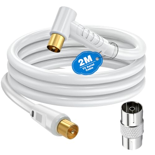 Ancable TV Aerial Cable with Coaxial Adapter 2M White TV Ariel Lead