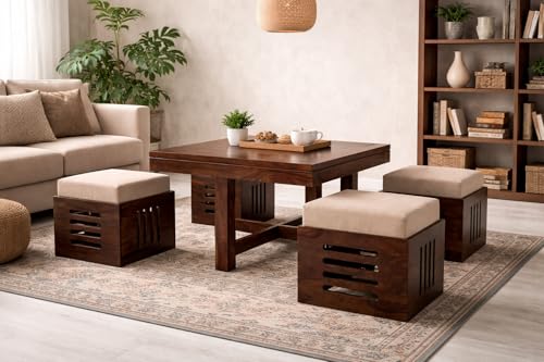 Image of Solid Sheesham Wood Center Coffee Table Set - Includes 4 Stools and Glass top Table Wooden Niwar Design ; Furniture for Living Room, Hall and Office. (Dark Walnut)