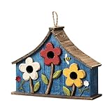 Glitzhome Bird Houses for Outside, 15' L Oversized Distressed Solid Wood Birdhouse with 3D Flowers Rustic Three-Story Villa Decorative Hand-Painted Hanging Bird Houses for Outdoors,Washed Blue