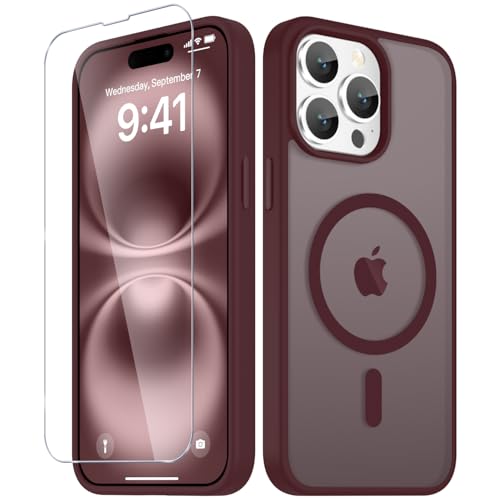 Image of YENAPOON for iPhone 15 Pro Max Case, Matte Magnetic Phone Cover [with 1 Screen Protector] [Support for MagSafe] [Shockproof Military Grade Protection] Translucent Frosted Back, Wine Red