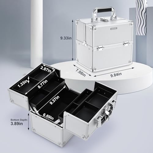 FRENESSA Makeup Train Case Makeup Organizer Box Portable Cosmetic Travel Case with Lock 4 Trays Aluminum Hard Vanity Box Make Up Artist Nail Beauty Storage Organizer Cosmetic Suitcase Bright Silver