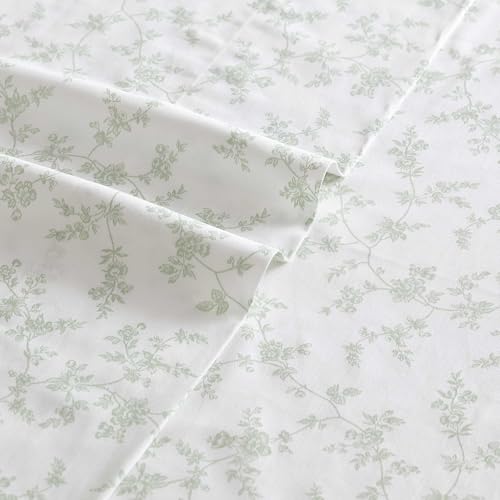 Image of Laura Ashley - Queen Size Sheet Set, Soft Cotton Sateen Bedding with Matching Pillowcases, Fully Elastic Fitted Sheet, Deep Pocket, Floral Room Decor, Silky Smooth All-Season Comfort (Fiona Green)