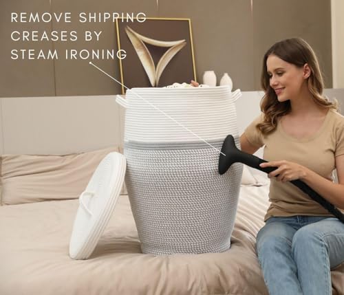 Image of Storage Cotton Rope Basket and Laundry Hamper for Dirty Clothes, Towels, Blankets, Pillows Storage in Living Room, Laundry Room and Bedroom (Grey White With Lid, 15x18 Inch)