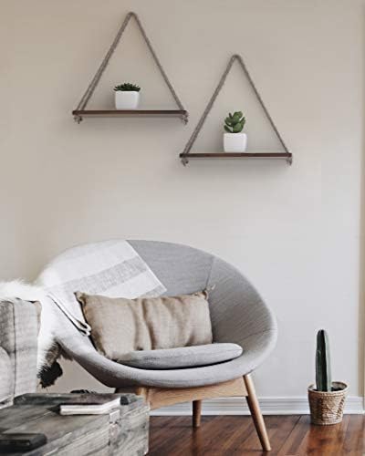 Rustic Set of 2 Wooden Floating Shelves with String  Farmhouse Hanging Shelves for Living Room Wall  Small Kitchen Shelves with Rope  17x5.2  Distressed, Rustic Brown Color