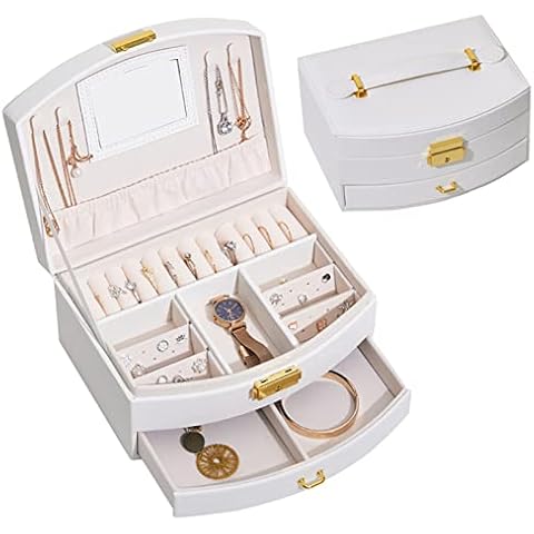 Douzi Jewellery Box Organiser for Necklace Earrings Bracelets Rings, 2 Layers Large Jewelry Storage Case, Waterproof PU Leather Jewellery Box Holder for Women Girls-White Cover