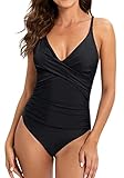 DANIFY Women's One Piece Swimsuits Tummy Control Bathing Suits Slimming Swimsuit V Neck Swimwear Monokini