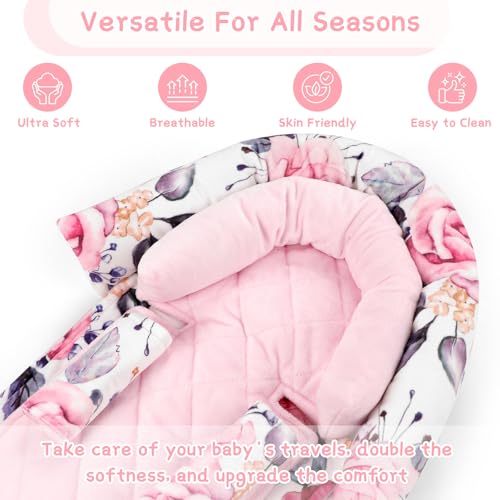 Image of Baby Car Seat Head Body Support & Strap Covers, 2 in 1 Infant Car Seat Insert, Reversible Soft Breathable Newborn Cushion Pads for Preemie, Perfect for Baby Carseats, Strollers, Swings (Floral)