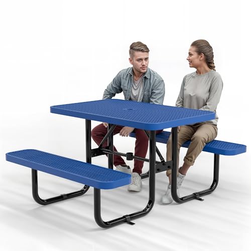 OUTTANS Commercial Heavy-Duty Metal Picnic Table - ADA Compliant, Adjustable Seats, Umbrella Hole, Expanded Metal (Blue, 4' Rectangular)