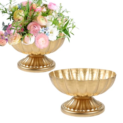 Vindar Gold Compote Bowl Vase for Centerpieces Set of 2 Elegant Pedestal Vase for Wedding Dining & Home Decor Sturdy Metal Flower Arrangement Vase for Indoor Dry Displays(Gold 7 inch)