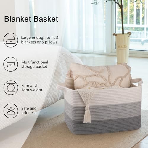 Image of OIAHOMY Cotton Rope Basket, Rectangle Woven Baskets for Storage, Nursery Blanket Storage Living Room, Toy Basket With Handle-17.7 inchx13.8 inchx11 inch-Gradient Grey