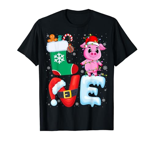 Pig Wearing Santa Hat Christmas Tree Xmas Lights Pig Lover Camiseta