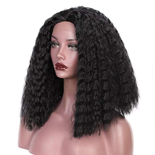 ENTRANCED STYLES Long Wavy Bob Wig Curly Afro Wig Synthetic Lace Front Wigs for Black Women Middle Part Heat Resistant Natural Looking Black Color Wig 14 Inch