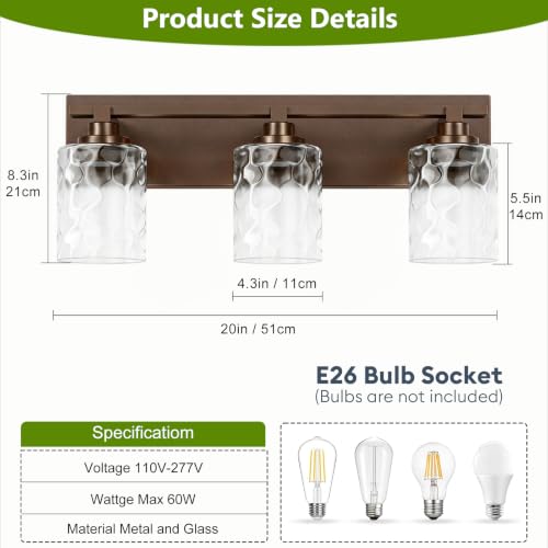 Image of Bathroom Light Fixtures,3-Light Oil Rubbed Bronze Vanity Lights Over Mirror | Modern Wall Light,Clear Ripple Glass Shade,Sturdy Metal Frame,For Bathroom Remodel,Easy Install,E26 Socket,ETL-Listed 20-inch