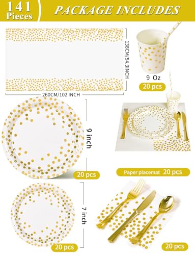 Image of Nkaiso 141Pcs White Gold Paper Plates and Napkins Party Supplies for20