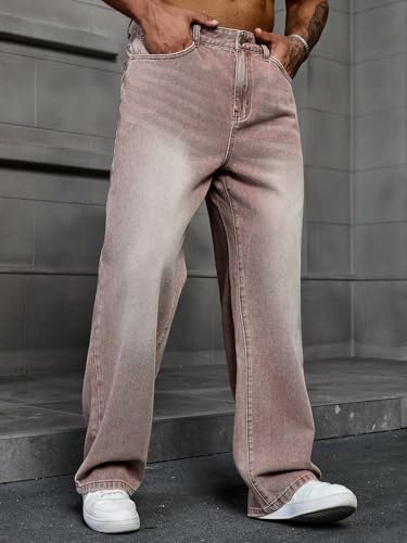 Image of AVANOVA Men's Baggy Fit Jeans- Solid Washed Denim Straight Wide-Leg | Streetwear Casual Dailywear Pants for Men | Trendy Loose-Fit Mid-Waist Denim Trousers (Jeans 247)