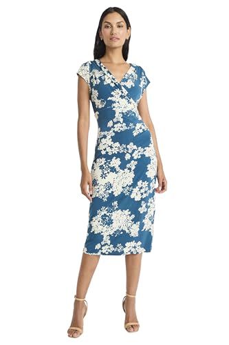 Image of Maggy London Women's Floral Midi Dress with V-Neck and Cap Sleeves - Elegant Summer Casual Wear for Women