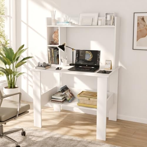 Image of SPYDER CRAFT Modern Daisy Engineered Wood Study Table with Storage Shelf | Clean Minimalist Computer Desk for Home, Office, & Bedroom | Durable & Easy to Clean (White) (DIY Assembly)