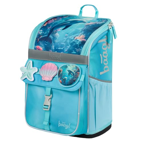 Baagl Schulranzen Mädchen für 1. Klasse - Ergonomische Schultasche für Kinder Zippy - Schulrucksack mit Brustgurt - Grundschule Ranzen Tornister, 18 l (Delfin)