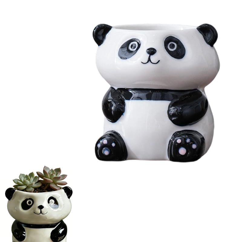 Quasipod Cute Panda Puppy Mini Ceramic Planter Pot with Drainage Hole - Succulent Flower Pot for Home Garden Decor, Desk Pen Holder (Panda)