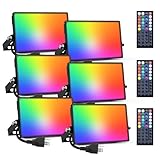 Onforu 6 Pack RGB LED Flood Light Outdoor, 50W Color Changing Uplights with Remote, 2700K Warm White IP66 Stage Lighting, Landscape Floor Spotlights Indoor, Uplighting Indoor Floor Light for Christmas