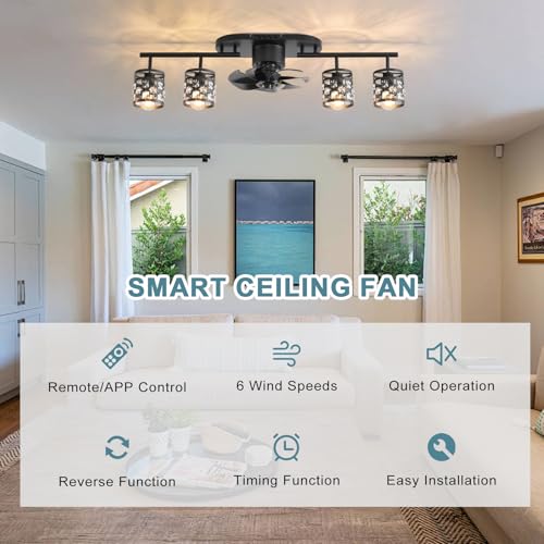 Image of Garwarm 39.3 inch Ceiling Fans with Lights and Remote, Black Fandelier Crystal | Flush Mount Ceiling Fan with 360 Rotatable Lampheads, 6 Speeds,Timing, Reversible DC Motor for Bedroom, Kitchen, Dining Room