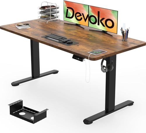 Devoko Electric Standing Desk 140x70cm, 18mm Thick Tabletop, Sit-Stand Height Adjustable with Sedentary Reminder, USB Charging Port, 3 Memory Smart Panel, Heavy-Duty Steel Frame (Rustic Brown) option