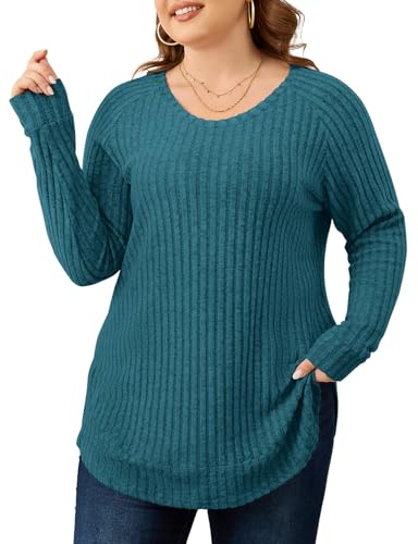 Misyula Style Plus Size Tops for Women Fall 2024, Long Sleeve Crew Neck Sweater Side Slit Curved Hem Soft Casual Outfits Tunic Shirts,Peacock Blue,1XL