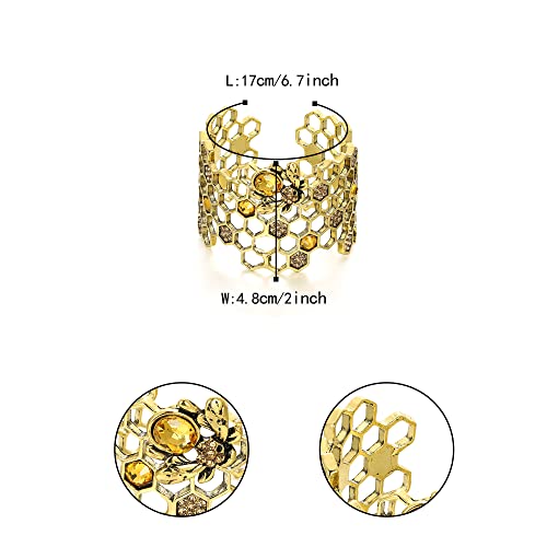Flyonce Honey Bee Honeycomb Cuff Wide Bangle Bracelet for Women Golden Color4