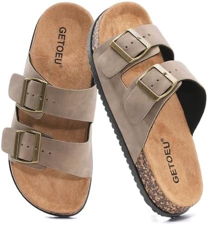 GETOEU Arch Support Footbed Sandals for Women & Men, Adjustable Double Buckle Comfort Sandals, Cork-Style Cushioned Sole, Casual Walking Slides for Everyday Wear,Bronze - 5