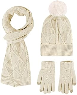 Hinzonek Winter Warm Knit Beanie Hat Scarf Gloves Set for Women Ladies Girls 3 in 1 Pom Pom Hats Mittens Neck Scarf Set Thick Set Outdoor Wearing