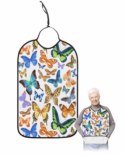 LEOKOTI Butterfly Adult Bibs for Eating, Waterproof Bibs with Food Catcher & Adjustable Snap Closure, Watercolor Farmhouse Colorful Butterfly Washable Clothing Protectors Adult Bibs for Elderly
