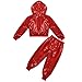 Girls Athletic Sweatsuit Set Teen Glitter Sequin Zipper Crop Jacket Elastic Waist Cheerleading Dance (Red, 9-10 Years)