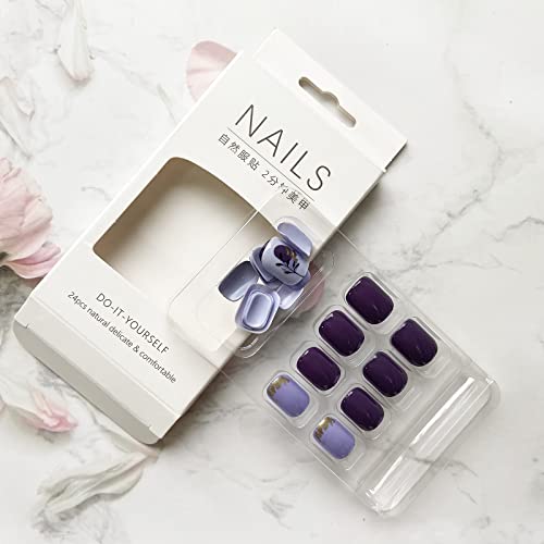 Purple Press On Nails Short Fake Nails Square False Nails Gold Foil Acrylic Nails Black Leaves Design Full Cover Glossy Stick On Nails Spring Summer Press On Nails Short Glue On Nails For Women 24Pcs #TOP2