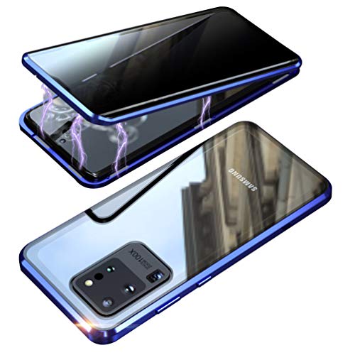 HiChilli のぞき見防止 Samsung Galaxy S20 Ultraケース スマホケース HD覗き見防止 アルミバンパー 両面前後画面の9H強化ガラス透明 360°全面保護 ガラス ガラスケース クリアケース マグネットケース アルミ バンパー 磁力で接続QIワイヤレス充電対応軽量薄型スマホケース擦り傷防止耐衝撃保護 両面ガラスケース スマホケース,ブルー