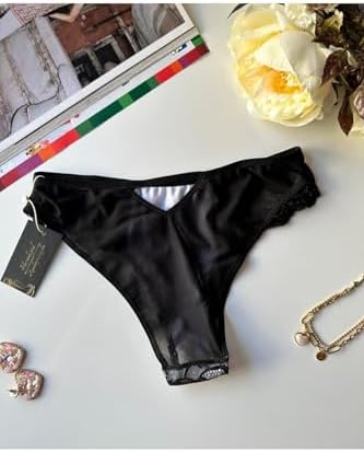 Siyah Dantelli Beyaz Kumaş Detaylı Arkası Transparan Tasarım Slip (Siyah, 2XL) - Görsel 5