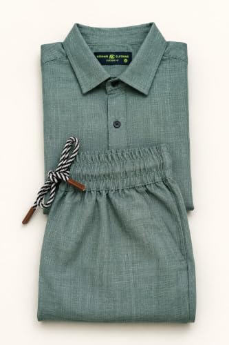 Image of Men's Premium Linen Co-Ord Set | Regular Fit Full Sleeve Solid Shirt with Drawstring Trouser | Breathable Linen Casual Outfit for Summer, Travel, Beach, Vacation & Daily