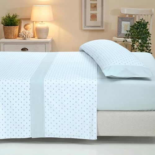 Sábanas 135x190 - Juego de Sábanas 3 Piezas - Algodón y Poliéster - Sábana Bajera Ajustable hasta 30 cm, Encimera y Funda Almohada - Ropa de Cama Estampada Suave y Transpirable (Lira Verde)