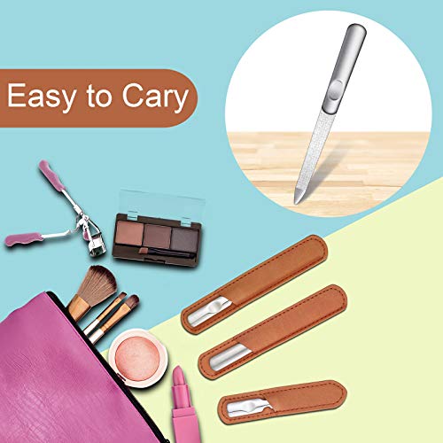3 Pieces Stainless Steel Nail Files With Leather Case, Double Sided Metal Nail Files With Anti-Slip Handle, Metal Nail File Buffer Manicure Pedicure Tools For Fingernail Toenail, Fine And Coarse #TOP4
