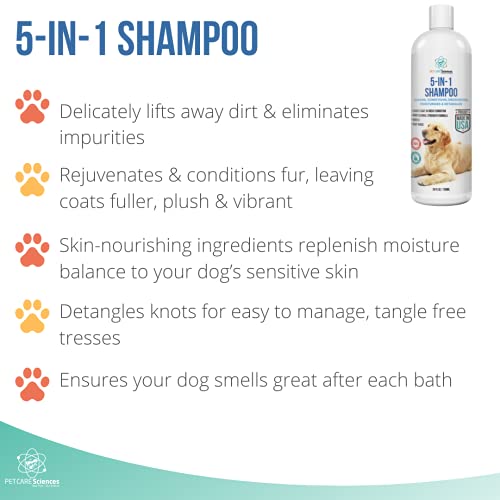 Dog Shampoo, Naturally Derived Dog and Puppy Shampoo and Conditioner, 5 in 1 Formula with Coconut, Aloe and Oatmeal, Tear Free Dog Shampoo for Sensitive Skin, Made in The USA (24 fl oz)