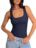 REORIA Body Suits Tank Top for Women Scoop Neck Sleeveless Ribbed Sexy Slimming Bodysuit Tops 2026 Summer Going Out Outfits Navy Blue Large