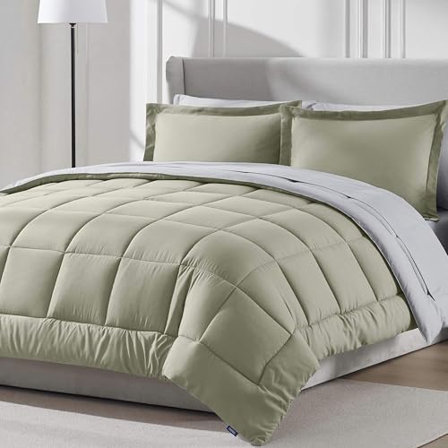 Nestl 9 Piece King Comforter Set – Light Sage Reversible Bed in a Bag – Complete King Size Bedding Set with Sheets, Set of 2 Down Alternative Pillows, Pillowcases and Shams