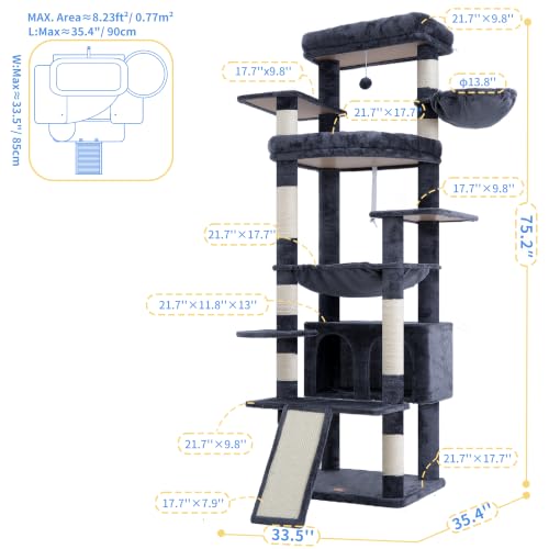 Image of Heybly Tall Cat Tree for Large Cat, 80-inch Multi-Level Cat Tower HCT038G