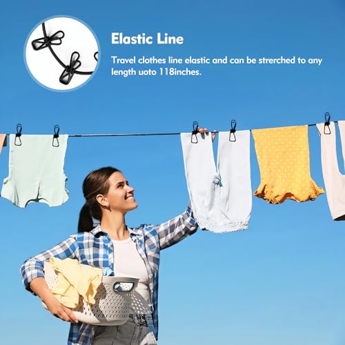 Travel Washing Line with Pegs, 12 Clips Portable Clothes Line Elastic Retractable Portable Clothes Line for Home & Outdoor Travel Camping Accessories - Image 4