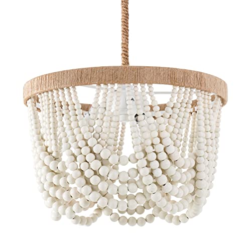 VILUXY Bohemia Wood Beaded Pendant Lights Antique Rustic Mini Chandelier White Finishing for Bedroom, Nursery Room, Girl Room, Hallway, Entryway, Passway, Dining Room, 3-Light - Image 9
