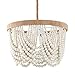 VILUXY Bohemia Wood Beaded Pendant Lights Antique Rustic Mini Chandelier White Finishing for Bedroom, Nursery Room, Girl Room, Hallway, Entryway, Passway, Dining Room, 3-Light