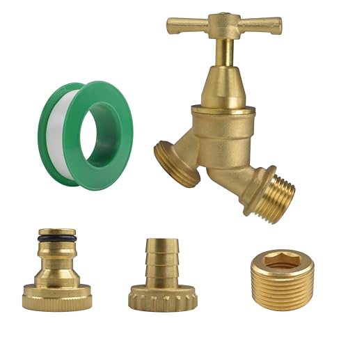 Garden Outdoor Traditional Brass Tap Kit with PTFE Tape Barb/Click Hose Connectors Threaded Brass Bush to Allow to Connect to 1/2 Or 3/4 Inlet Thread
